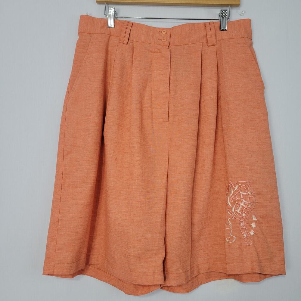 Vintage 100% Linen Beaded Embroidered Pleated Shorts size 3X Orange Coastal 90s